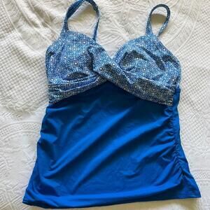 Lands End Tankini Top Swim 14 L Ruched Sides Blue Adjustable Straps Underwire